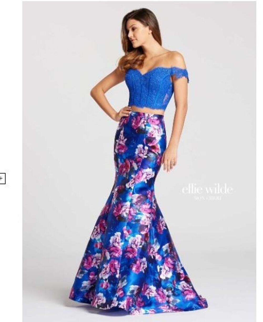 Ellie Wilde Size 6 Royal Blue Multi 2 Piece Corset Top Printed Makado Lace Dress